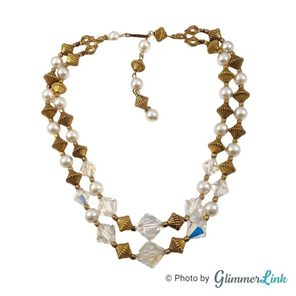 VTG Double Strand AB Aurora Borealis Bicone Bead Faux Pearl Gold Tone Necklace - Picture 2 of 10